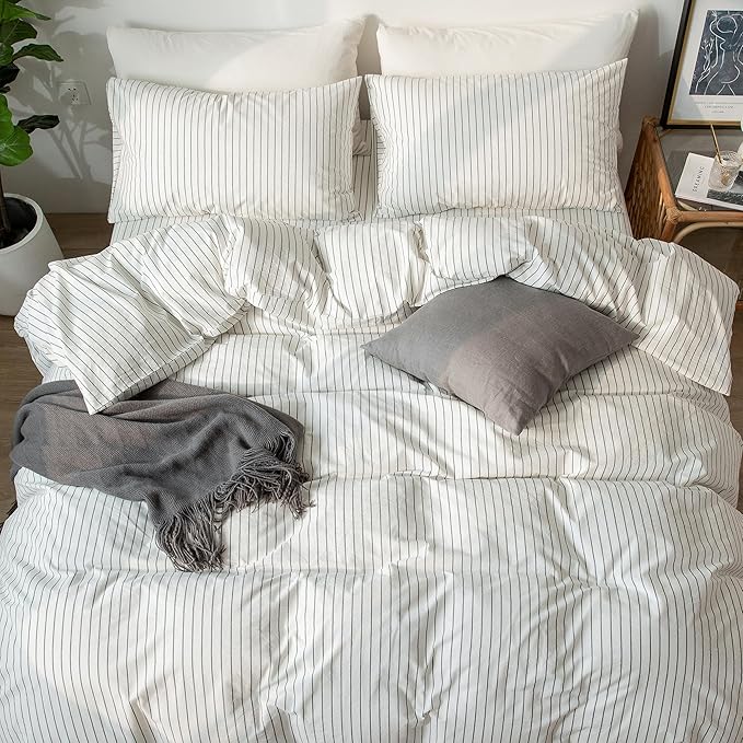 MooMee Striped Duvet Cover Set 100% Washed Cotton Linen Like Textured Breathable Durable Soft Comfy (White Dark Grey Wide Stripes, Super King Plus 120"x120")