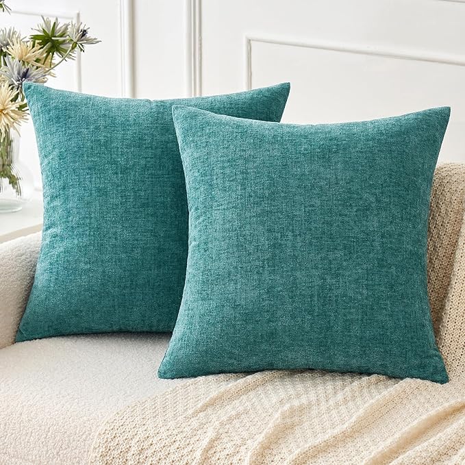 MIULEE Pack of 2 Couch Throw Pillow Covers 20x20 Inch Soft Teal Chenille Pillow Covers for Sofa Living Room Solid Dyed Pillow Cases