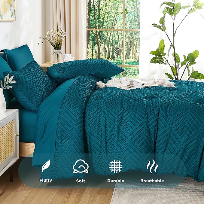 Andency Super King Comforter Set Teal - 7 Pieces Bed in a Bag Super King Bedding Comforter Sets, Tufted Lightweight Fluffy Bed Set with Comforter, Sheets, Pillowcases & Shams
