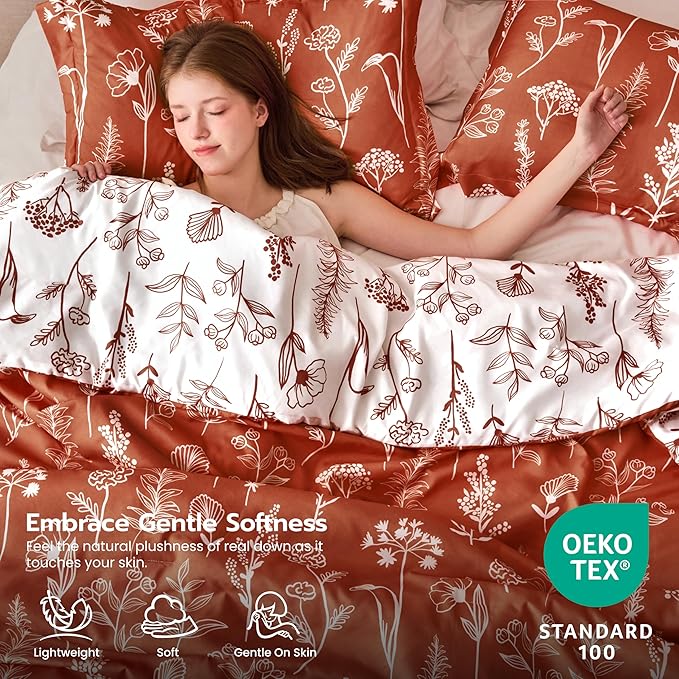 Joiedomi Full Size Comforter Set Terracotta, 3 Pieces Floral Full Bedding Set with 1 Soft Reversible Botanical Comforter and 2 Pillow Shams, Bed in a Bag for All Seasons
