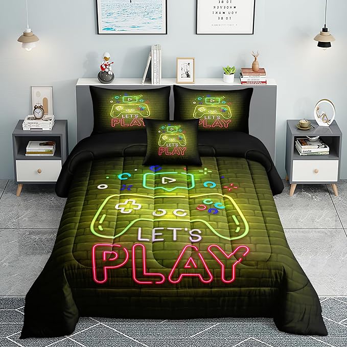 6 PCS Gaming Bedding Sets,Gaming Comforter Set for Boys,Kids Bedding Set for Boys,Full Size Bedding Sets for Boy,Bed in A Bag with Sheets(Full,Yellow Color)