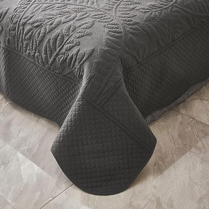MarCielo 3-Piece 100% Cotton Oversized Bedspread Lightweight Quilt Coverlet Embroidery Farmhouse Bedding Set T0 (Dark Grey, Twin (68"x86"))