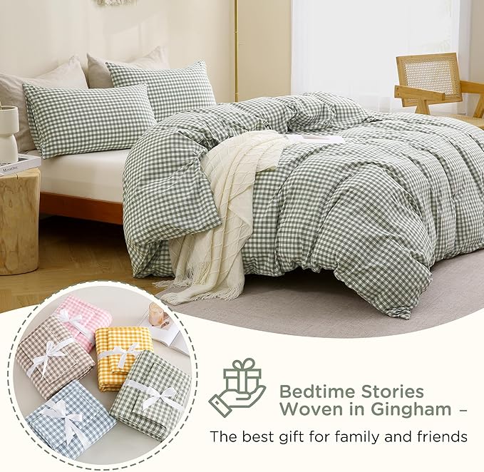 TOCOMOA Green Gingham Duvet Cover Bedding Set 100% Washed Cotton Like Linen Feel Super Soft Comfy 3 Piece Vintage Plaid Checkered Comforter Cover Set (Oversized King 120"x98", Comforter Not Included)