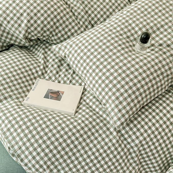 LifeTB Green Gingham Comforter Set King Modern Style Plaid Comforter Set 3 Pieces Boho Grid Comforter with 2 Pillowcases Soft Fluffy Checkered Pattern Comforter Farmhouse Gingham Bedding Set King