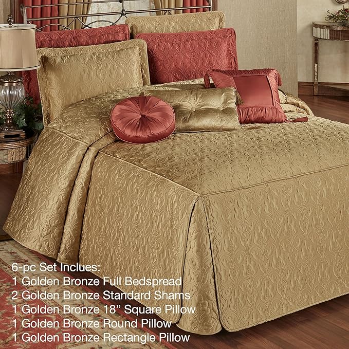 Cambridge Classic Luxury Bedding | Golden Bronze Solid Color Polyester Satin | Elaborate Damask Quilting | 6 Pc Bed Set Includes Oversized Full Bedspread, 2 Standard Shams, and 3 Decorative Pillows