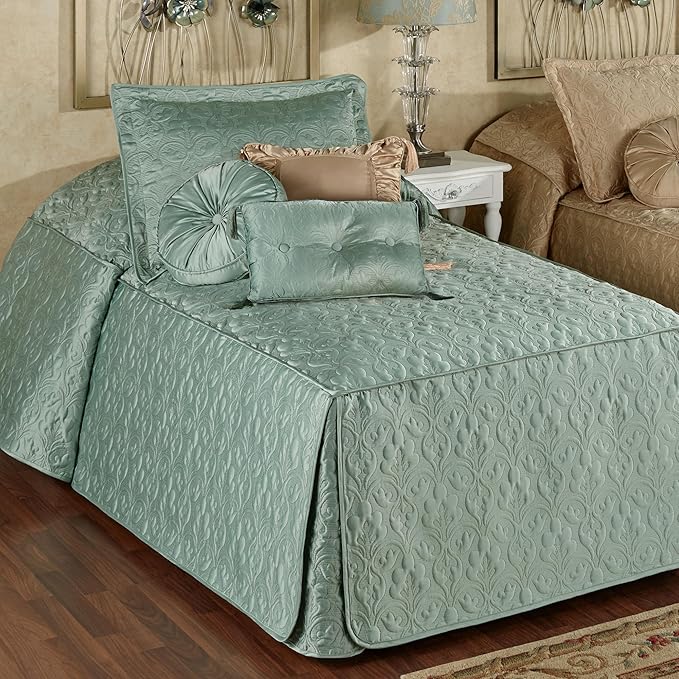 Cambridge Classic Luxury Bedding | Cool Aqua Mist Solid Color Polyester Satin | Elaborate Damask Quilting | 5 Pc Bed Set: Twin Bedspread, Standard Sham, & 3 Decorative Pillows | Also Fits Twin XL Beds