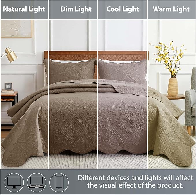 MOONLIGHT20015 10 Pack Twin Quilt Bedding Set (68" x 86") - Bulk Wholesale for Hotels, Guest Bedroom & Airbnbs - Lightweight Microfiber Reversible Floral Embossed Quilts Bedspreads (Beige)