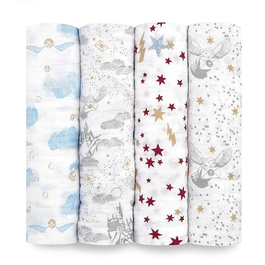 aden + anais Boutique Muslin Swaddle Blanket for Baby Girls and Boys, Newborn Receiving Blanket for Swaddling, 100% Muslin Cotton Swaddle Wrap,4 Pack, Harry Potter