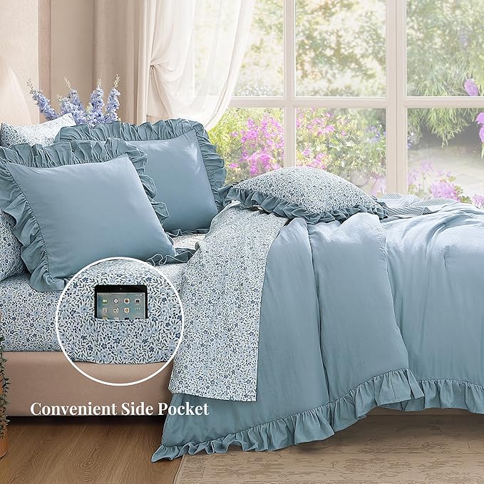 Twin XL Comforter Set - 5 Pieces Ruffle Blue Bedding Sets, Shabby Chic Farmhouse Bed in a Bag Twin XL with Ruffle Comforter, Floral Sheets, Pillowcases & Shams