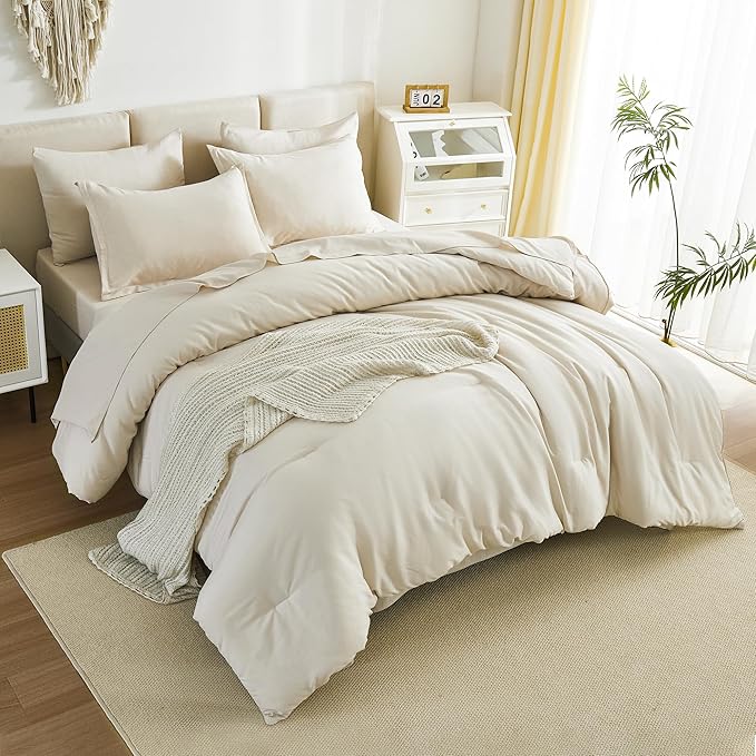 Litanika Super King Comforter Sets Beige - 7 Pieces Bed in a Bag Oversized King Bedding Comforter Sets, Solid Lightweight Bed Set with Comforter, Sheets, Pillowcases & Shams