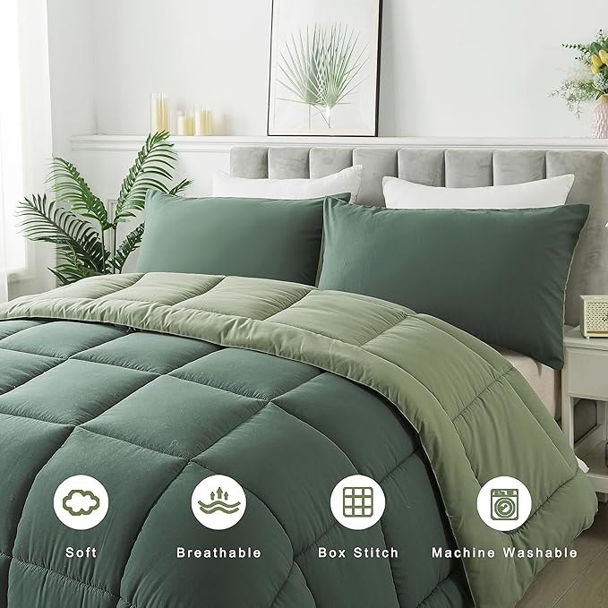 DOWNCOOL Twin Comforter Set -All Season Bedding Comforters Sets with 1 Pillow Case -2 Pieces Bed Set Down Alternative Comforter Set -Double Green Twin Bedding Sets(64"x88")
