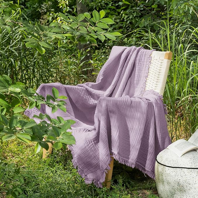 MooMee Muslin Blanket - 100% Cotton 4-Layer Gauze Throw Blanket with Tassels Ultra-Soft Breathable Lightweight Cooling for Bed Couch (Light Purple, Queen 90" x 90")