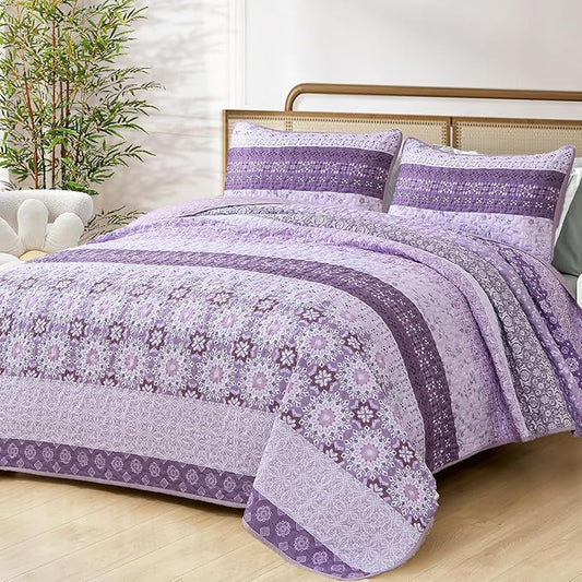 WONGS BEDDING Boho Quilt Full Set,Purple Bohemian Striped Patchwork Bedspread Coverlet Set with 2 Pillowcases,Lightweight Microfiber Floral Quilt Bedding Set 78"×90"