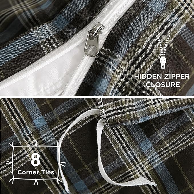 TOCOMOA Buffalo Plaid Duvet Cover Set 100% Washed Cotton Like Linen Feel Super Soft Comfy 2 Piece Brown Blue Gingham Checkered Bedding Comforter Cover Set (Twin 68"x90", Comforter Not Included)