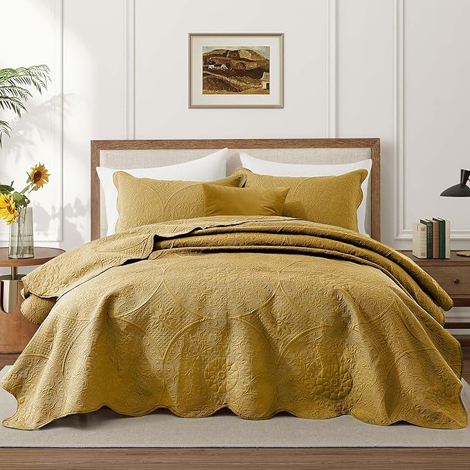 IR Imperial Rooms 8 Pack California King Quilt Bedding Set (118"x106") - Bulk Wholesale for Hotels, Guest Bedroom & Airbnbs - Microfiber Reversible Floral Embossed Quilts Bedspreads (Ochre)