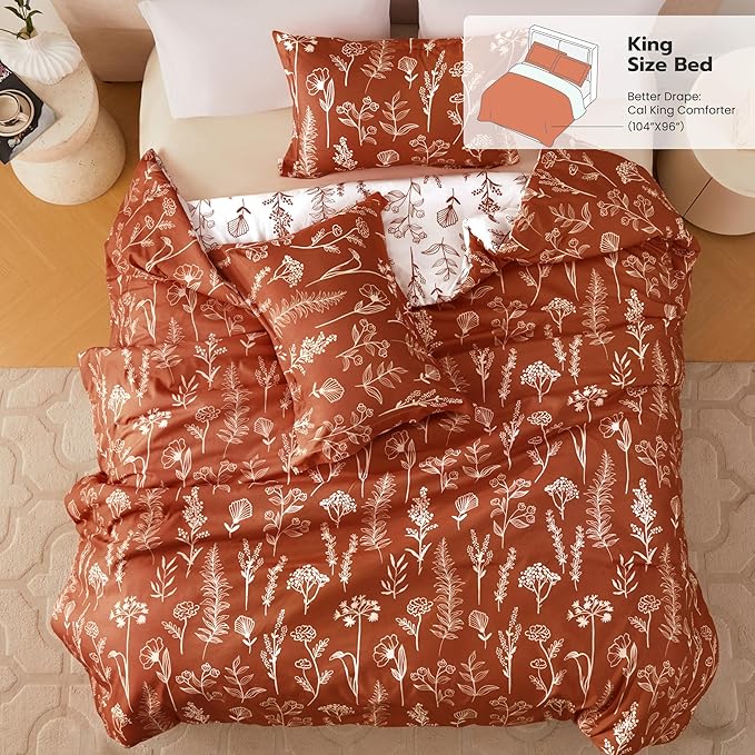 Joiedomi California King Comforter Set Terracotta, 3 Pieces Floral California King Bedding Set with 1 Soft Reversible Botanical Comforter and 2 Pillow Shams, Bed in a Bag for All Seasons