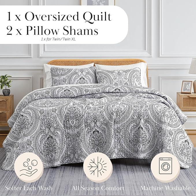 Southshore Fine Living, Inc. Boho King Quilt Set, Lightweight Bedspread, Summer Coverlet, 3-Piece Paisley Bedding Set with Two Matching Quilted Pillow Shams, California/King Quilts, Black