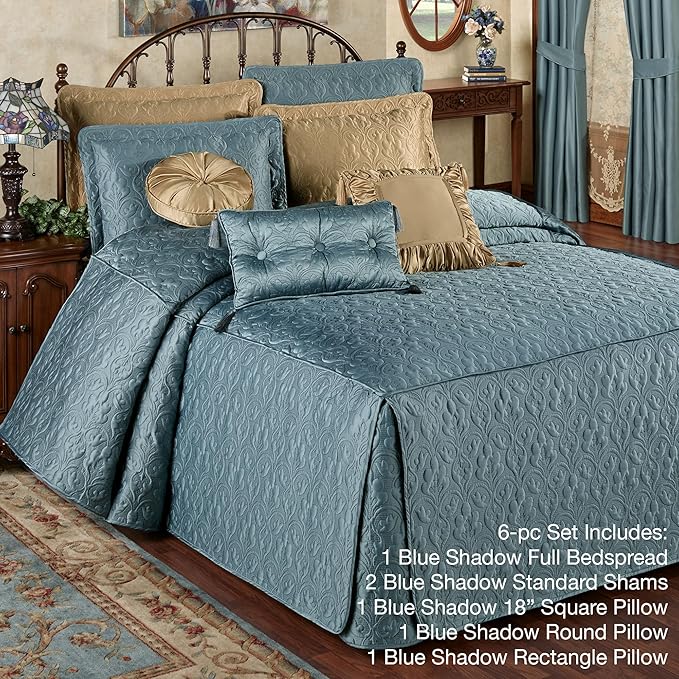 Cambridge Classic Luxury Bedding | Blue Shadow Solid Color Polyester Satin | Elaborate Damask Quilting | 6 Pc Bed Set Includes Oversized Full Bedspread, 2 Standard Shams, and 3 Decorative Pillows