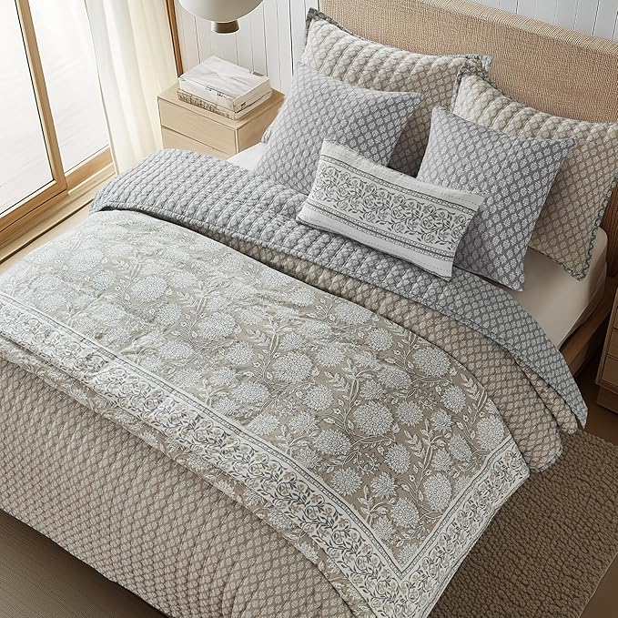 Levtex Home Adare Taupe Reversible Twin Duvet Cover Set (68x88in) with 1 Pillowcase (26x20in) - Floral Bedding - Taupe and White - 100% Cotton Twin Size Duvet Cover Set - Soft, Pre-Washed