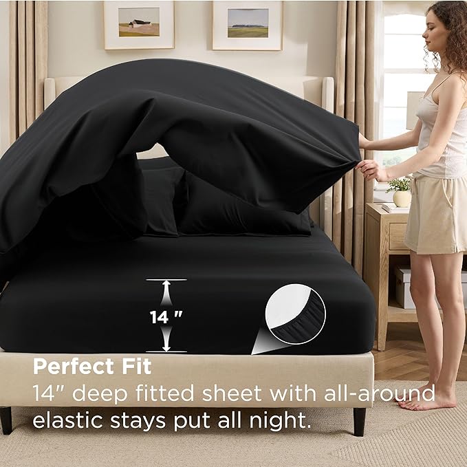 Bedsure 7 Pieces King Comforter Set Premium Series, Hotel Luxury Soft Bed in a Bag, Goose Down Alternative, Safe for Sensitive Skin Bedding Comforter All Season Medium Warmth, Black King Size