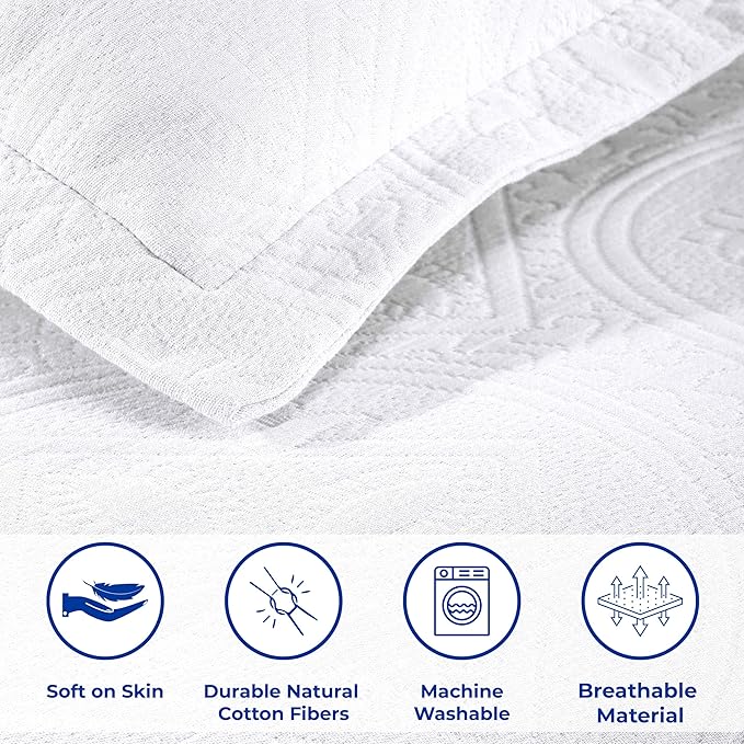 Superior 2 Piece Celtic Circles Cotton Bedspread Set, Decorative Bed Spread, Home Bed Decor, 1 Pillow Sham, Medium Weight Blanket, Matelasse Coverlet Bedding, Wedding Ring Design, Twin, White
