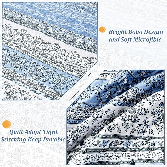 WONGS BEDDING Boho King Quilt Set, Light Blue Bohemian King Quilt Bedding Set, Lightweight Microfiber Bed Decor Bedspread for All Season 104"x90"(3 Pieces)