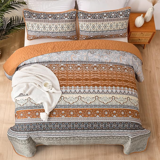 WONGS BEDDING Boho Quilt Set Twin, Brown Grey Bohemian Quilt Bedding Set, Ultra Soft Lightweight Bedspread for All Season Reversible Microfiber Coverlet Bedding Set 68"x86"(2 Pieces)