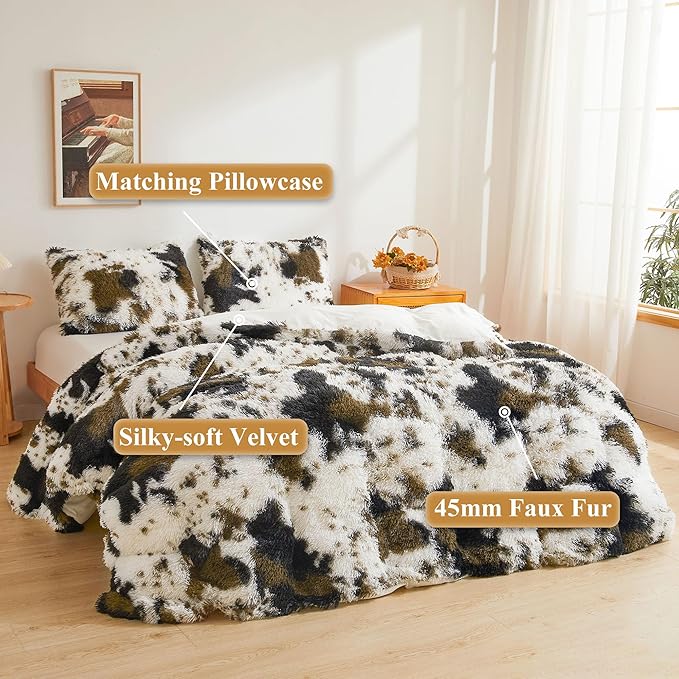 XeGe Cow Print Fluffy Faux Fur Duvet Cover Set, 2 Pieces Soft Plush Shaggy Fuzzy Bedding Set(1 Faux Fur Animal Print Comforter Cover + 1 Furry Pillowcase), Zipper Closure(Twin, Cow Print Brown)
