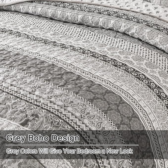 WONGS BEDDING Boho Quilt Set Queen Size, Grey Bohemian 3 Pieces Quilt Sets, Gray Lightweight Bedspread Coverlet Bedding Set for All Season (96"x90")
