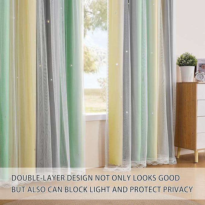 XiDi Grey Green Yellow 72 Inches Curtains for Girls Bedroom 2 Panels Set, Blackout Rainbow Curtains for Kids Room Decor, Unicorn Wall Decals Drapes for Little Girl Nursery Room 52 Inches Wide