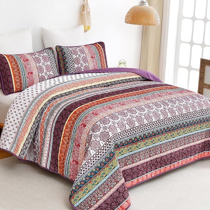 WONGS BEDDING Boho Quilt Set King Size, Purple 3 Pieces Bohemian Striped Patchwork Bedspread Coverlet, Lightweight Soft Microfiber Bedding Set for All Season (104"x90")