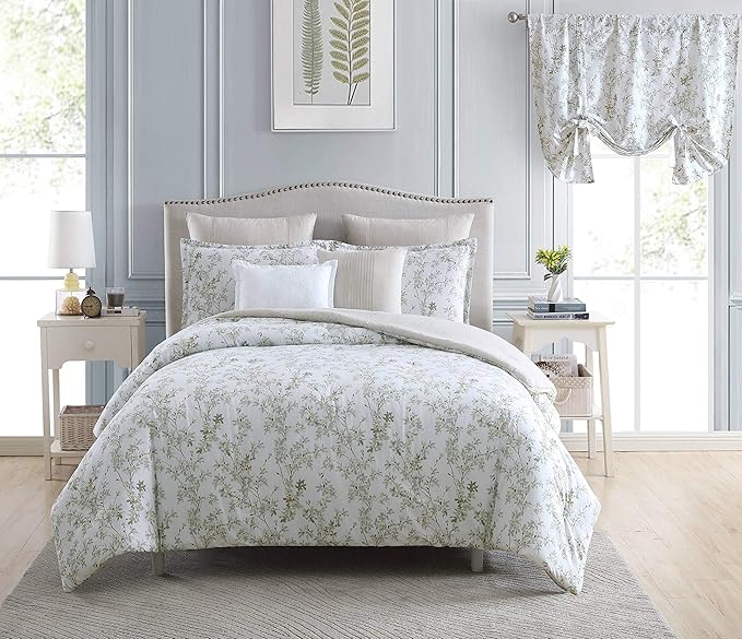 Laura Ashley Home - King Comforter Set, Cotton Reversible Bedding, Includes Matching Shams with Bonus Euro Shams & Throw Pillows (Lindy Green, King)