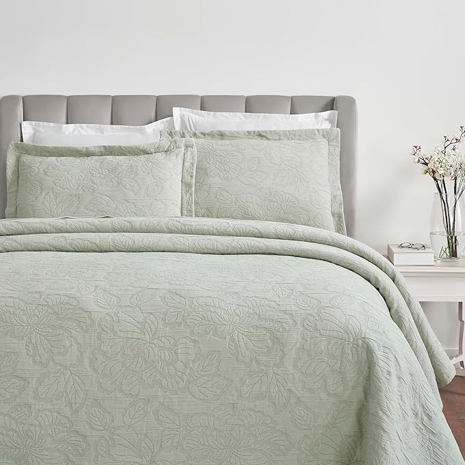 Superior 3 Piece Cotton Bedspread Set, Home Decor, Decorative Bed Spread, 2 Pillow Shams, Medium Weight Blanket, Matelasse Coverlet, Bedding Essentials, Hibiscus Collection, California King, Sage