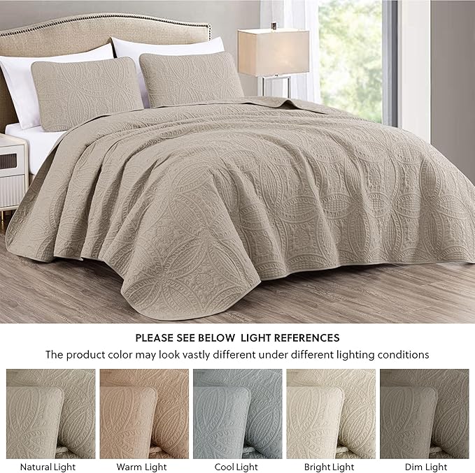 Chezmoi Collection Austin 3-Piece Oversized Bedspread Coverlet Set (Queen, Khaki)