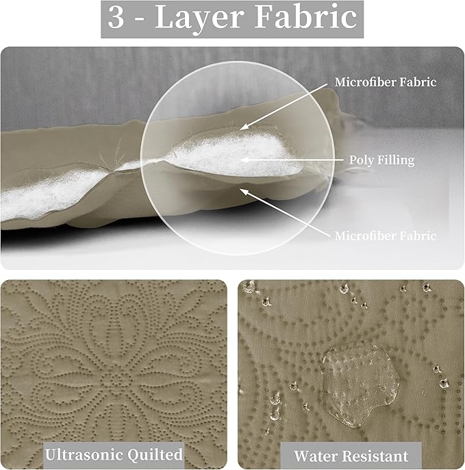 Easy-Going Twin Size Reversible Quilt Set with 1 Quilt and 1 Pillow Sham, Soft Bed Quilt Cover, Water Resistant Lightweight Microfiber Bedspread, Stain Resistant, Damask-Beige/Beige