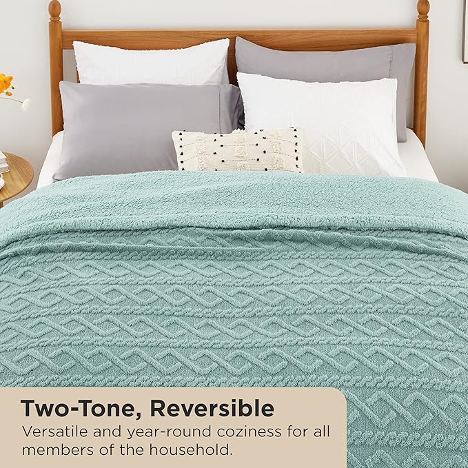 Bedsure Gentlesoft Sherpa King Size Blanket for Bed- Fleece Fluffy & Cozy Cable Jacquard Tufted for Women Gift, Thick and Warm Christmas Blanket for Winter, Sage Green, 108x90 Inches