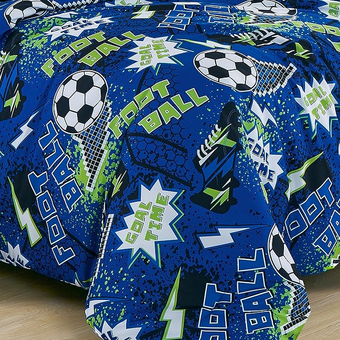 Chezmoi Collection 4-Piece Kids Football Soccer Bedding Comforter Set Full/Queen Size - Soft Microfiber Blue Green Black White Printed Football Soccer Sports for Kids/Teens