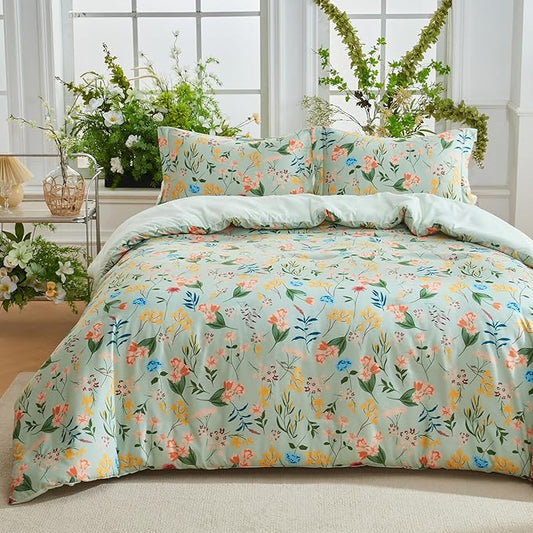 Joiedomi Full Size Comforter Set Light Green, 3 Pieces Floral Full Bedding Set with 1 Soft Reversible Flower Comforter and 2 Pillow Shams, Bed in a Bag for All Seasons