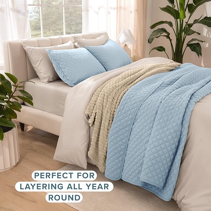 Bare Home Coverlet Set - Full/Queen - Lightweight Bed Decor - Comforter Alternative - All-Season Quilted Bedspread (Full/Queen, Light Blue)
