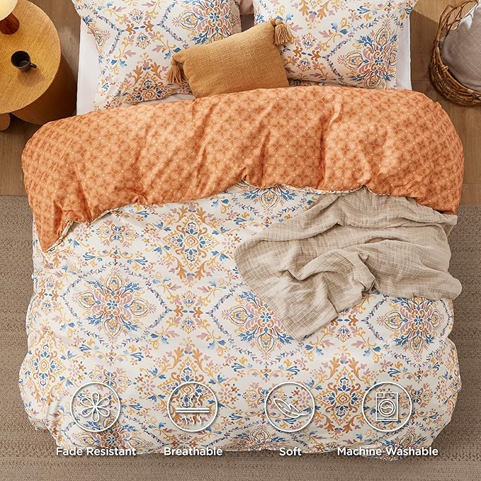 Bedsure Duvet Cover Queen Size - Reversible Floral Duvet Cover Set with Zipper Closure, 3 Pieces Bohemian Orange Bedding Set with 8 Corner Ties and 2 Pillow Shams 20"x26"