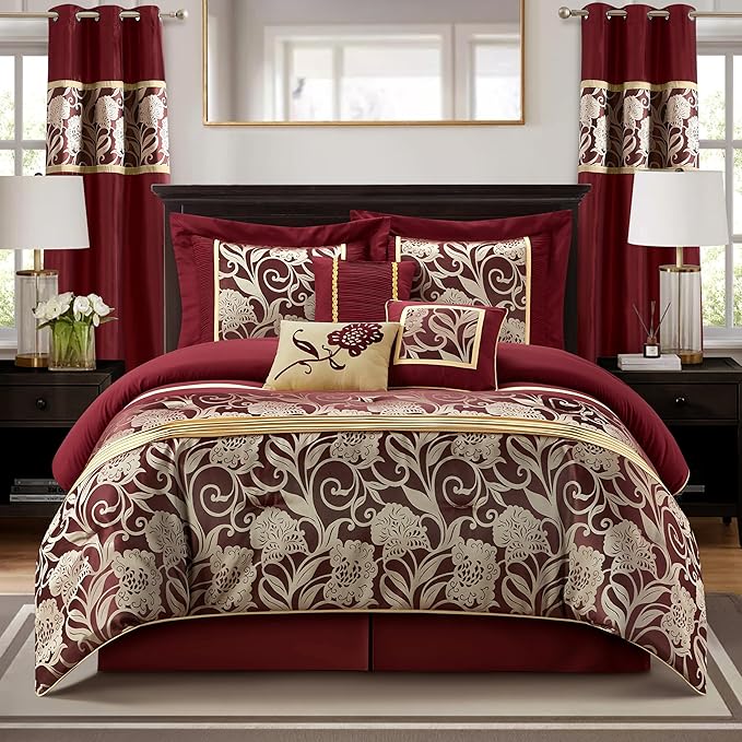 Grand Avenue Red and Gold Comforter Set King Size, 9 Piece Jacquard Floral Bedding Set, All Season, Ultra-Soft, Matching Pillows & Shams, Bed Skirt, Curtains