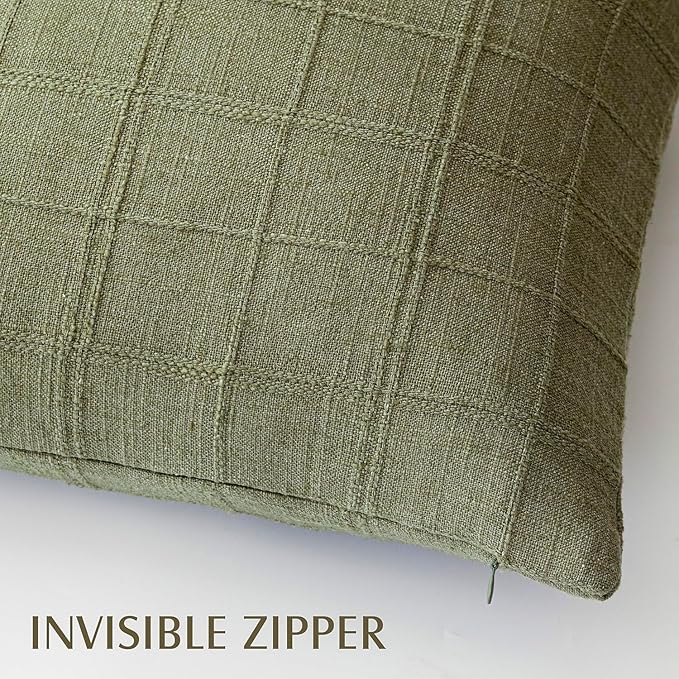 Foindtower Set of 2 Decorative Linen Check Throw Pillow Covers Neutral Farmhouse Lumbar Cushion Covers Modern Boho Home Decor for Sofa Chair Couch Bedroom Living Room,12×20 Inch,Sage Green