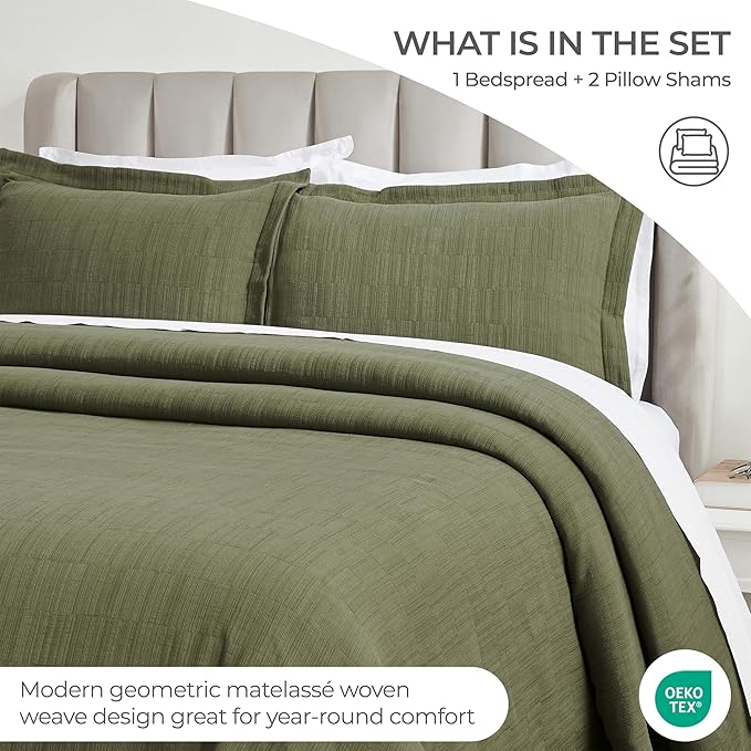 Superior 3 Piece Cotton Bedspread and Sham Set, Home Bed Decor, Decorative Bed Spread, 2 Pillow Shams, Medium Weight, Matelasse Coverlet, Bedding Essentials, Zenith Collection, King, Olive Green