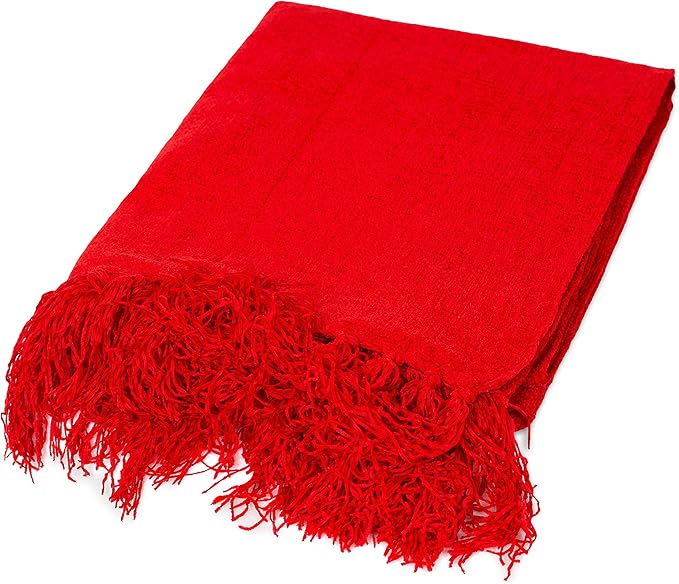 BIRDROCK HOME Chenille Throw Blankets - Red - Ultra Soft Couch Blanket with Fringe - Light Weight Sofa Throw - 100% Microfiber Polyester - Easy Travel - Bed - 50 x 60