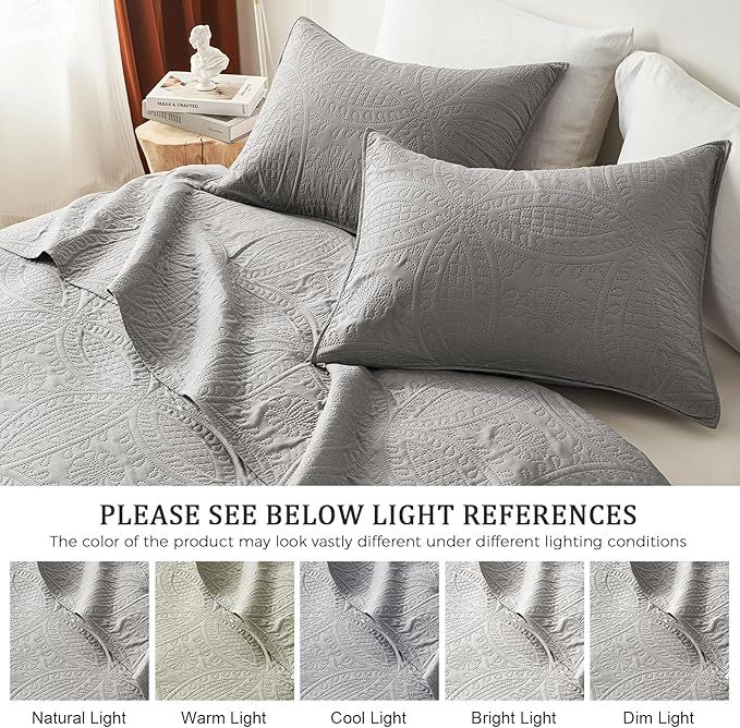 akkialla King Quilt Bedding Set,Grey Ultrasonic King/Cal King Quilt Set,Lightweight Soft Bedspread Coverlet,Modern Style Coin Pattern Bed Cover for All Seasons,3 Piece(1 Quilt,2 Pillow Shams)