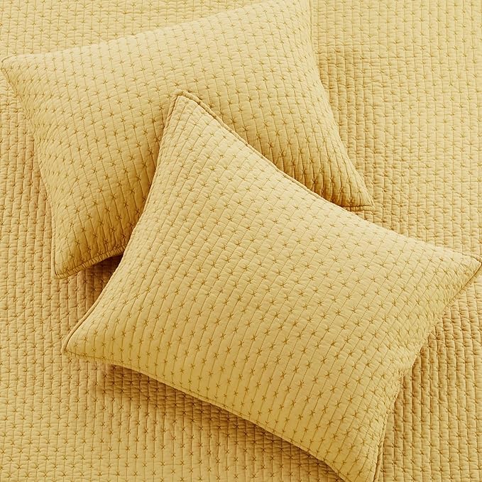 Levtex Home Cross Stitch Reversible Full/Queen Quilt Set (88x92in) with 2 Pillow Shams (26x20in) - Stitch Texture - Ochre - Cotton Full/Queen Size Quilt Bedding Set - Lightweight, Soft, Pre-Washed