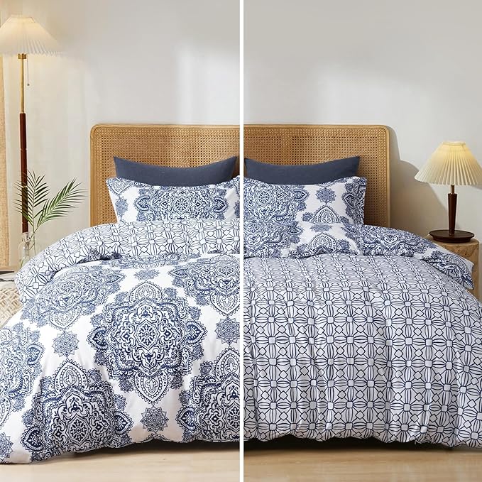 PHF Ultra Soft Paisley Duvet Cover King Size, Printed Bedding Set 3 Pieces, Comfy Farmhouse Pattern Duvet Cover Set with 2 Pillow Shams, Zipper Closure and 8 Ties, 104"x90", Royal Blue & White