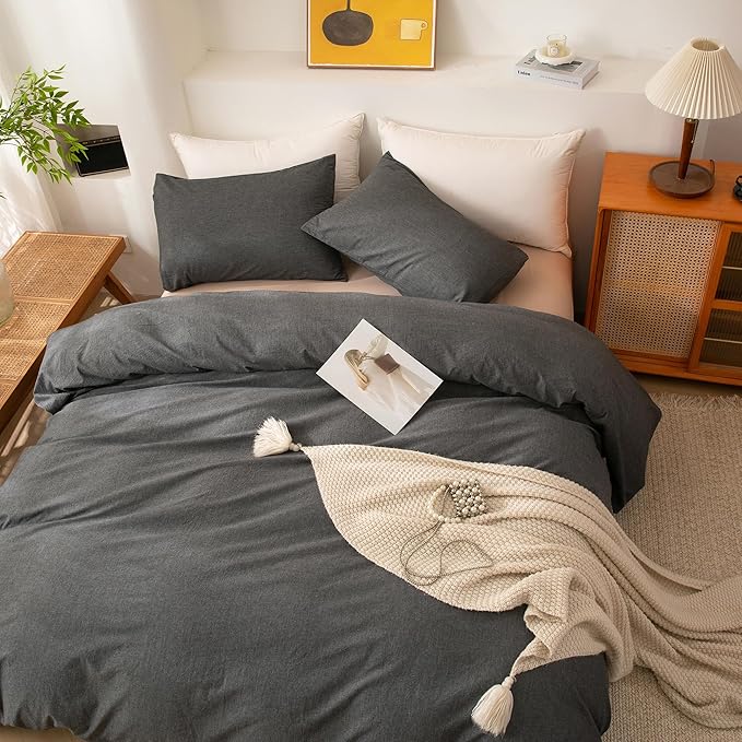 ECOCOTT Grey Duvet Cover Oversized King Size - 100% Washed Cotton Durable Soft Comfy Duvet Cover Set, 3 Pieces Duvet Cover with Zipper Closure (Dark Grey, 120"x 98")