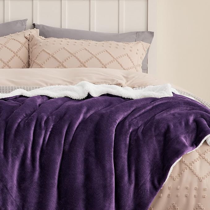 Bedsure GentleSoft Sherpa Fleece Blanket Queen Size for Bed, Non-Heated, Thick and Warm Throw Gifts for Women and Girls, Soft Fuzzy Plush Queen Christmas Blanket for Winter, Purple, 90x90 Inches