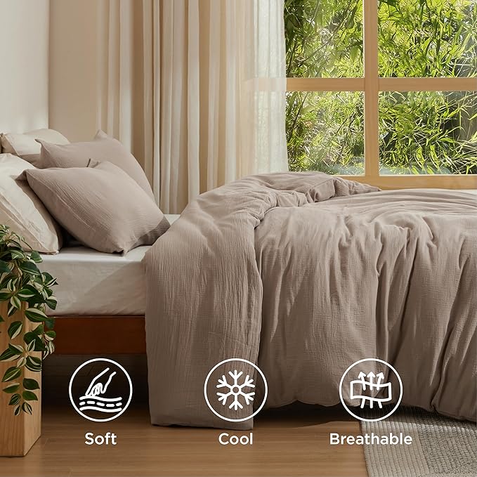 Bedsure Muslin Duvet Cover Queen Size - Cotton Blend Rayon Derived from Bamboo, Cooling Duvet Covet for Hot Sleepers - Ultra-Soft & Breathable Bedding Set for All Seasons(Khaki, 90"x90")